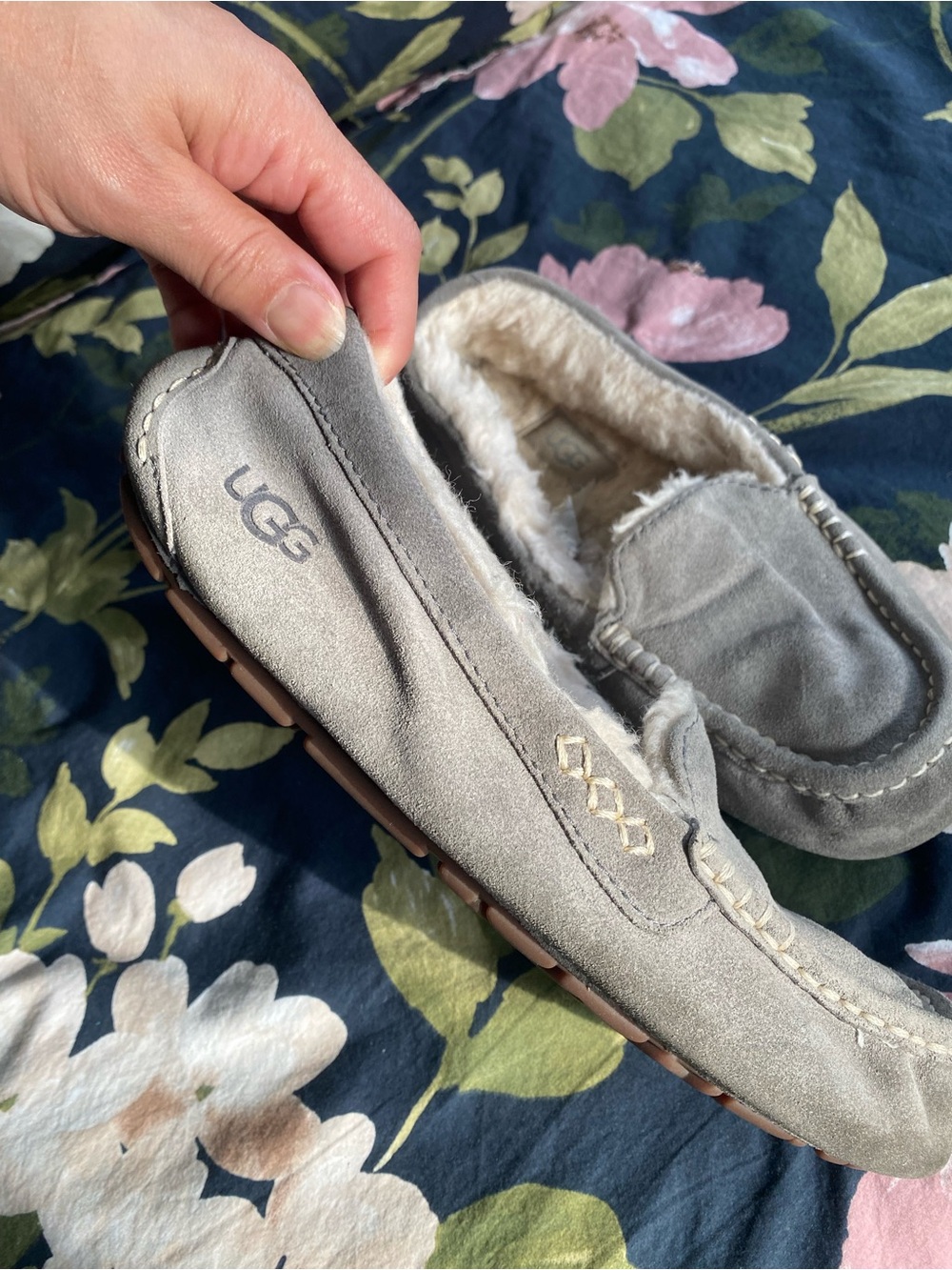 UGG Gray Suede Shearling-Lined Moccasin Slippers